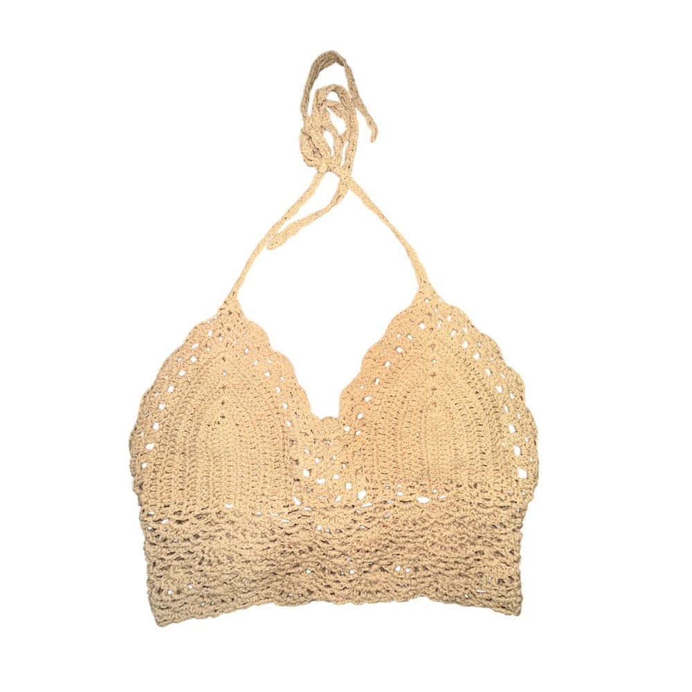 Tan Crochet Halter Crop Top Boho Festival Scallop Trim Lined Bust Neutral Fairy